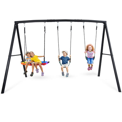 Hapfan 500lb Heavy Duty Metal Swing Sets for Backyard with Saucer Swing, Kids Triple Outdoor Swingset, Easy to Assemble