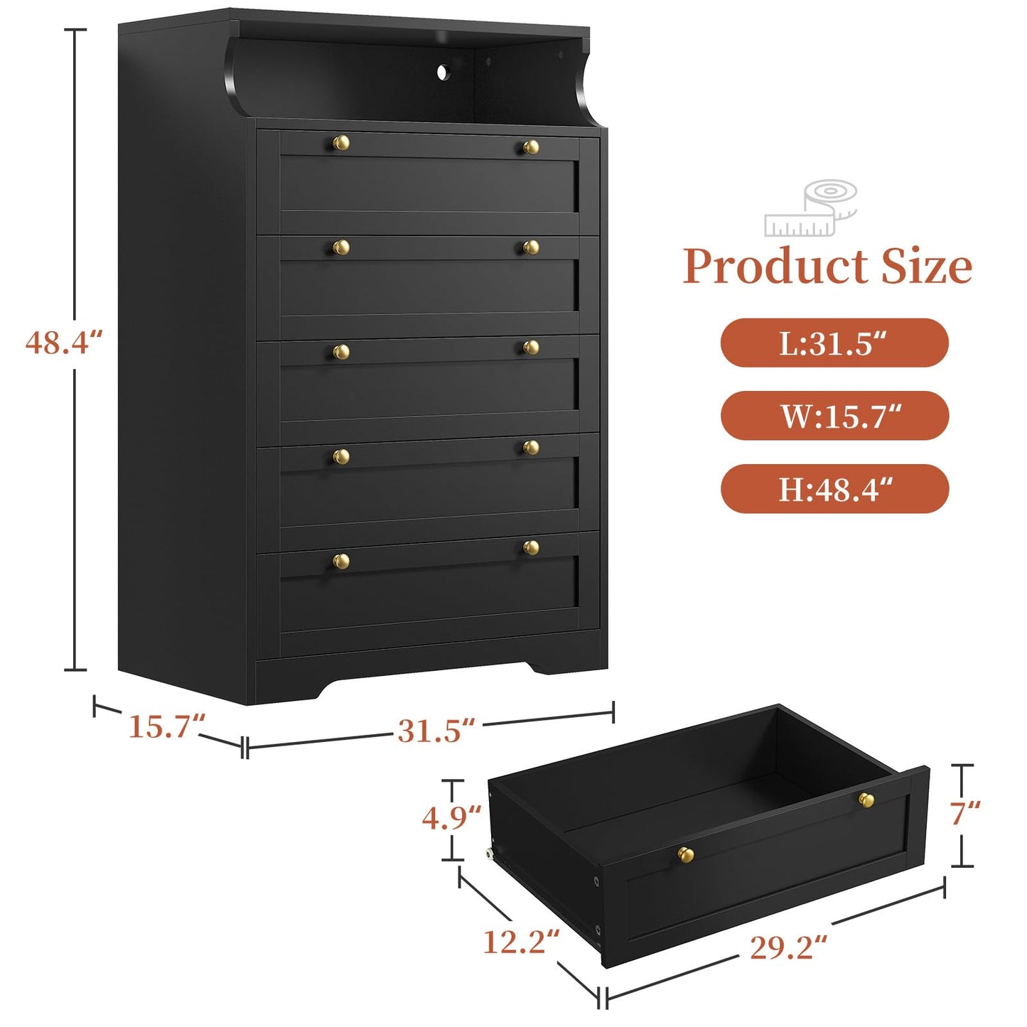 EnHomee Dresser, Black Dresser with LED, Bedroom Dressers & Chests of Drawers, Tall Dresser with 5 Wood Drawers, Black Dresser for Bedroom, 5 Drawer Dresser, Tall Dressers for Bedroom