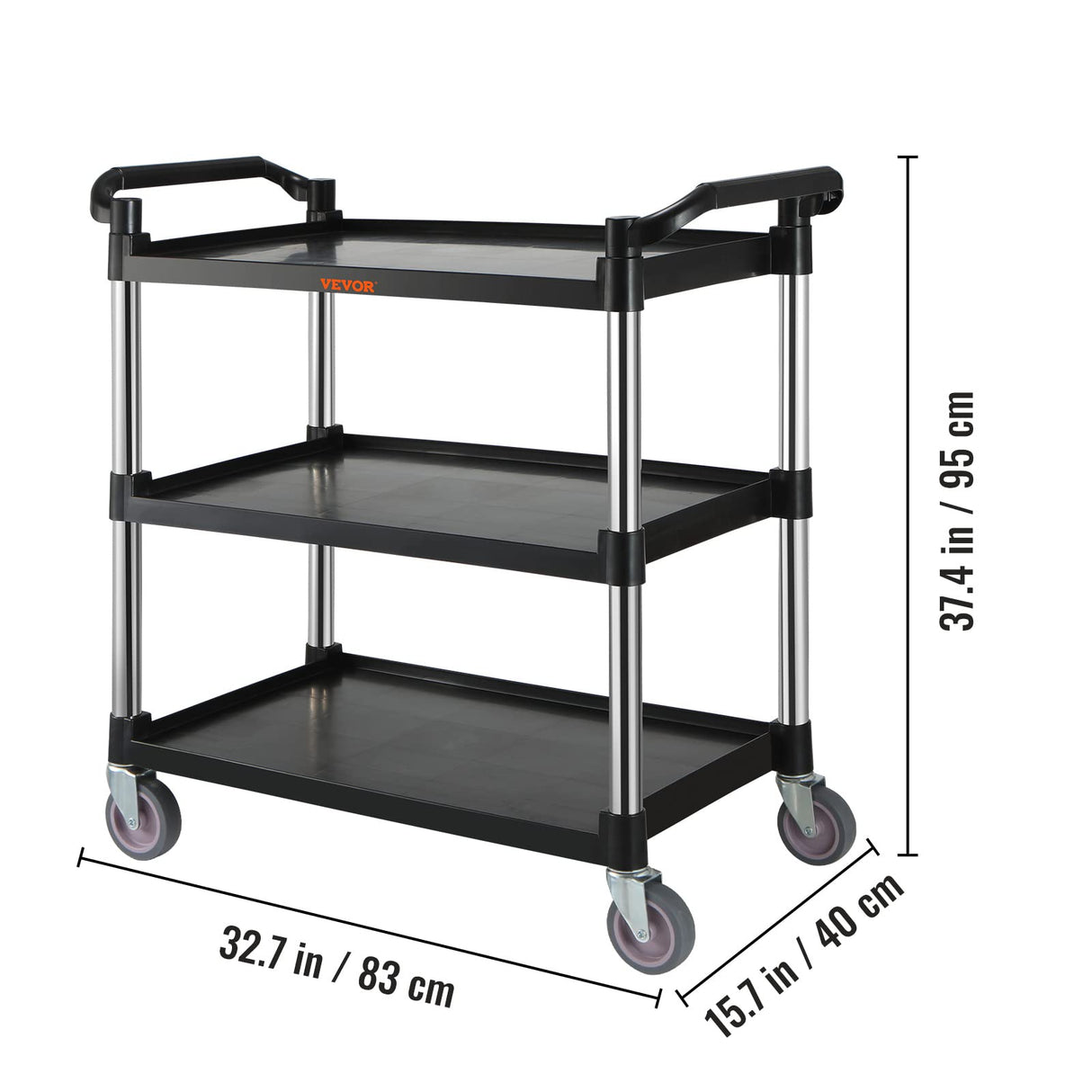VEVOR Utility Service Cart, 3 Shelf Heavy Duty 154LBS Food Service Cart, Rolling Utility Cart with Lockable Wheels, 32.7" x 15.7" x 37.4" Plastic VEVOR