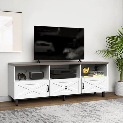 YITAHOME Mid-Century Modern TV Stand for 75/70/65 inch, Boho Wood TV Table Farmhouse Media Console with Storage Cabinet and Open Shelves for Living Room, Bedroom, 65 inch, White/Grey