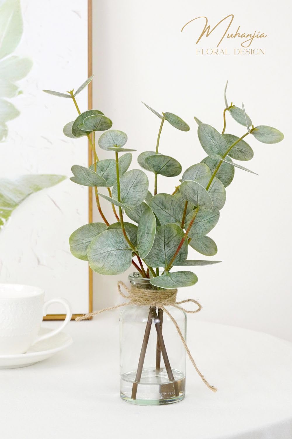 Muhanjia Artificial Eucalyptus Stems in Glass Vase with Faux Water,3Pcs Fake Plant with Double-Sided Green Leaves for Centerpiece(Double-Sided Green Eucalyptus) Muhanjia