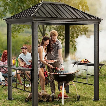 ABCCANOPY Grill Hardtop Gazebo 6x8 - Outdoor Metal Hard Top Gazebo, Permanent Galvanized Steel BBQ Gazebo Aluminum Framed Pavilion with Shelves for Patio Backyard Lawn Garden (Single Roof, Dark Brown)