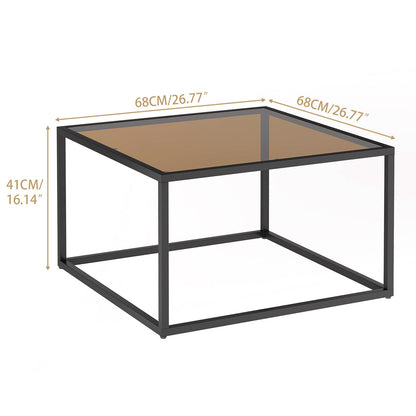 YMYNY Glass Coffee Table, Tempered Glass Square Coffee Tables with Metal Frame, Unique Modern Table for Living Room Home Office 26.77" x 26.77" x 15.75", Dark Brown, UHCT001T