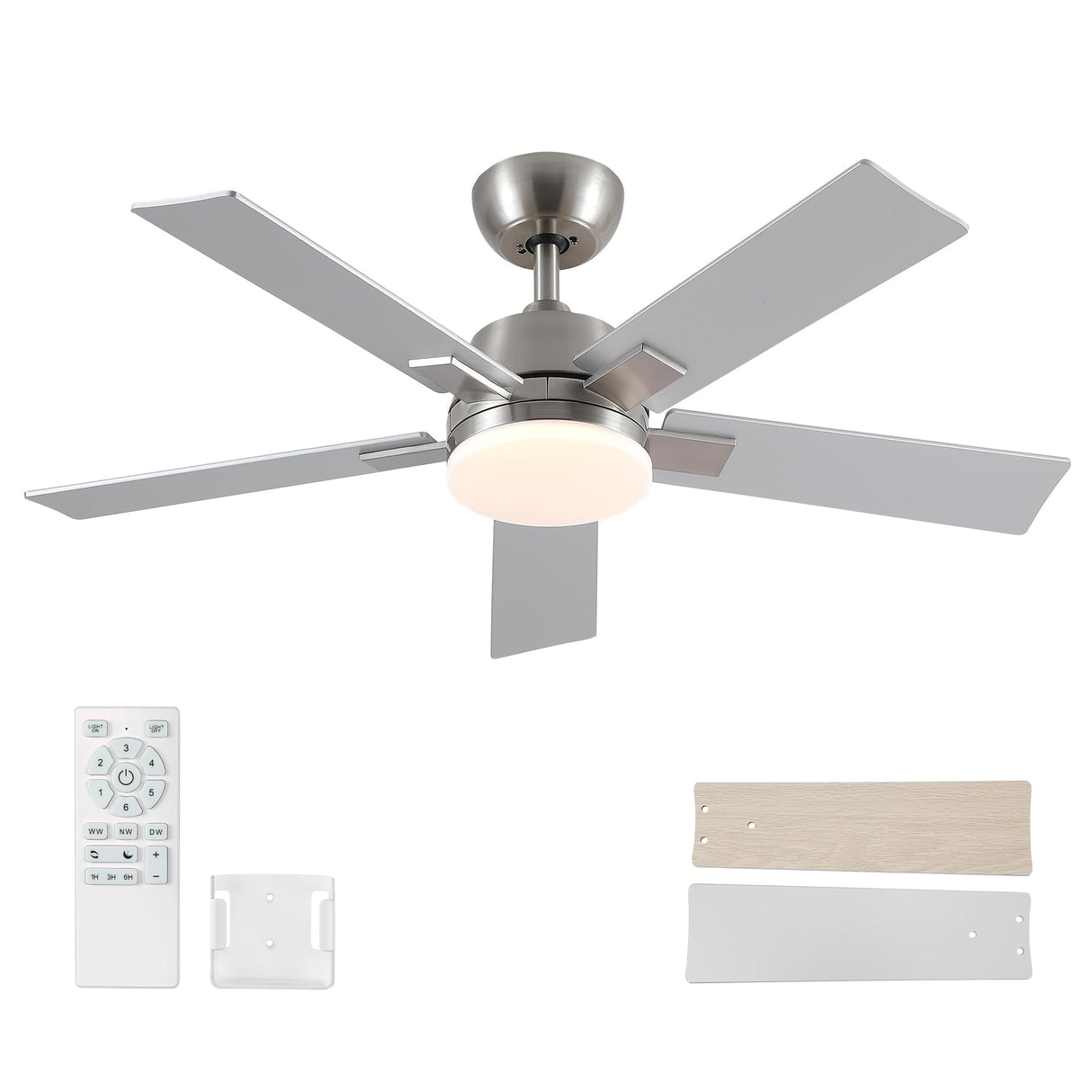 42 Inch Ceiling Fans with Lights and Remote, Brushed Nickel Ceiling Fan, 6 Speed Reversible DC Motor, 3CCT Dimmable LED, Modern Design for Bedroom, Living Room & Covered Outdoor,Includes Downrod Rayqueen