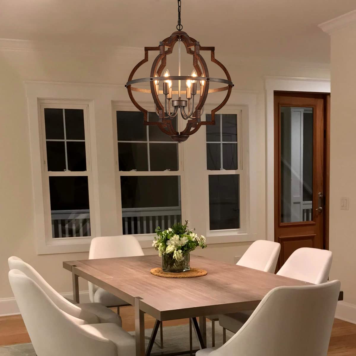 TACDANDM 23'' 6-Light Wood Farmhouse Chandelier for Dining Room Vintage Rustic Oak Brown Pendant Light Fixtures Globe Hanging Ceiling Lighting for Hallway Entryway Foyer Kitchen Living Room Bedroom TACDANDM