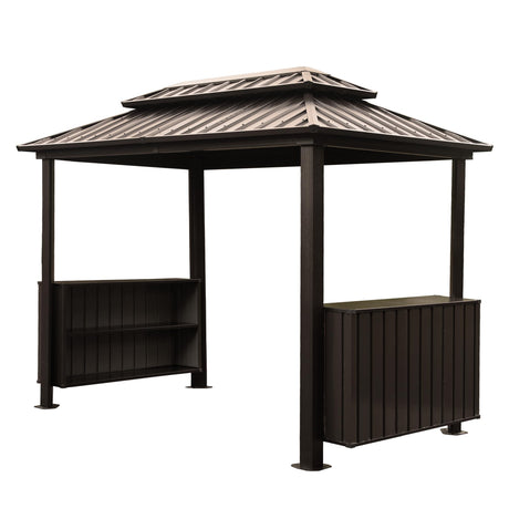 6x10FT Hardtop Grill Gazebo, Outdoor BBQ Gazebo with Double Galvanized Steel Roof, Patio Grill Canopy with 2 Storage Cabinets and Ceiling Hooks for Backyard, Lawn, Garden,Brown GFDGFD