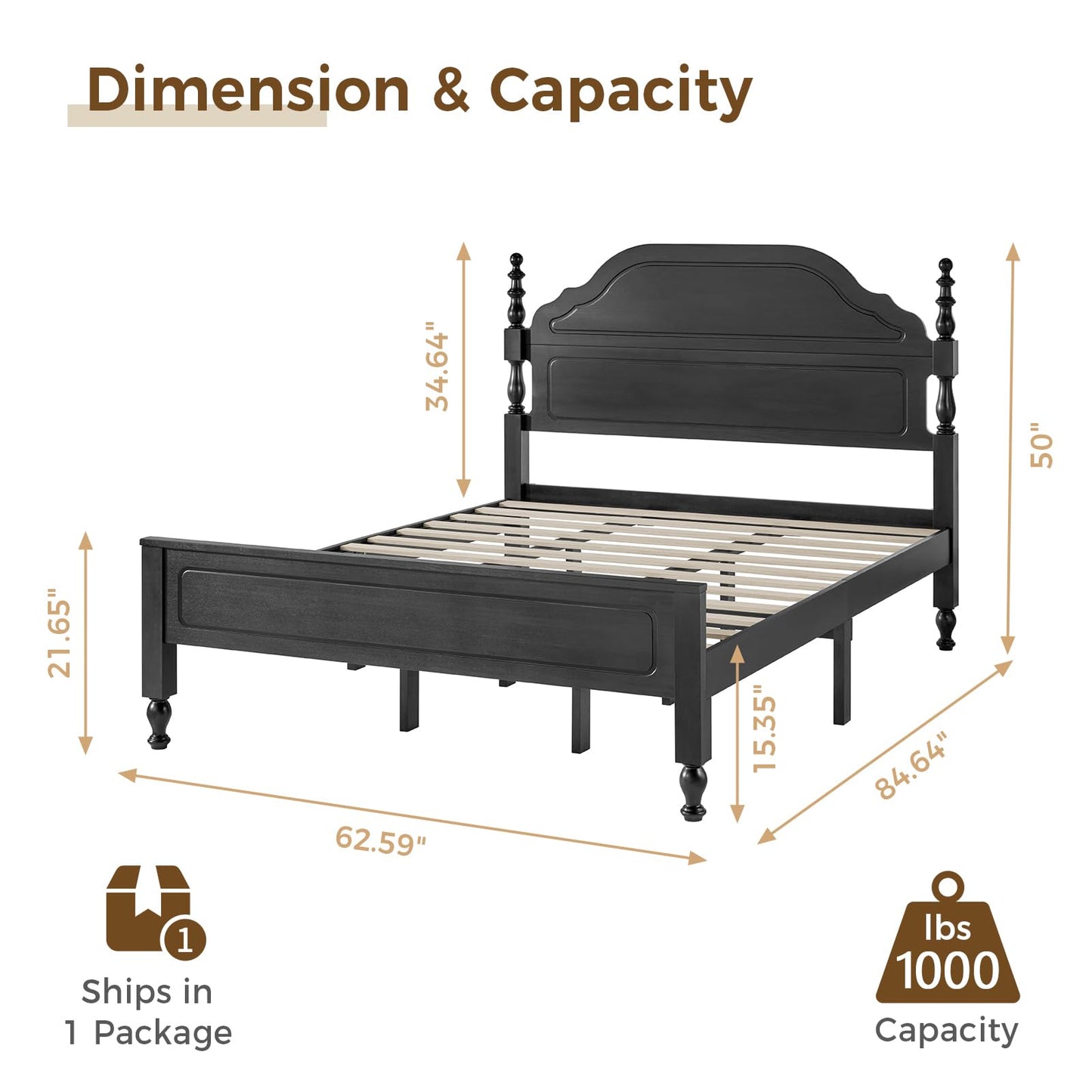 Wood Queen Bed Frame with Wooden Headboard and Footboard, Heavy Duty 12 Solid Wood Slats Support, Rubber Wood Platform Bed Frame with Large Under Bed Storage, No Box Spring Needed, Rustic Brown