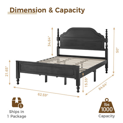 Wood Queen Bed Frame with Wooden Headboard and Footboard, Heavy Duty 12 Solid Wood Slats Support, Rubber Wood Platform Bed Frame with Large Under Bed Storage, No Box Spring Needed, Rustic Brown