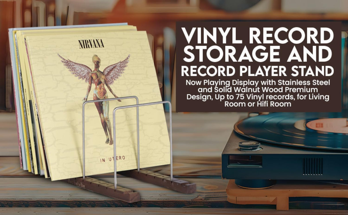 Decibelvibe Vinyl Record Storage and Record Player Stand, Now Playing Display with Stainless Steel and Solid Walnut Wood Premium Design, Up to 75 Vinyl records Decibelvibe