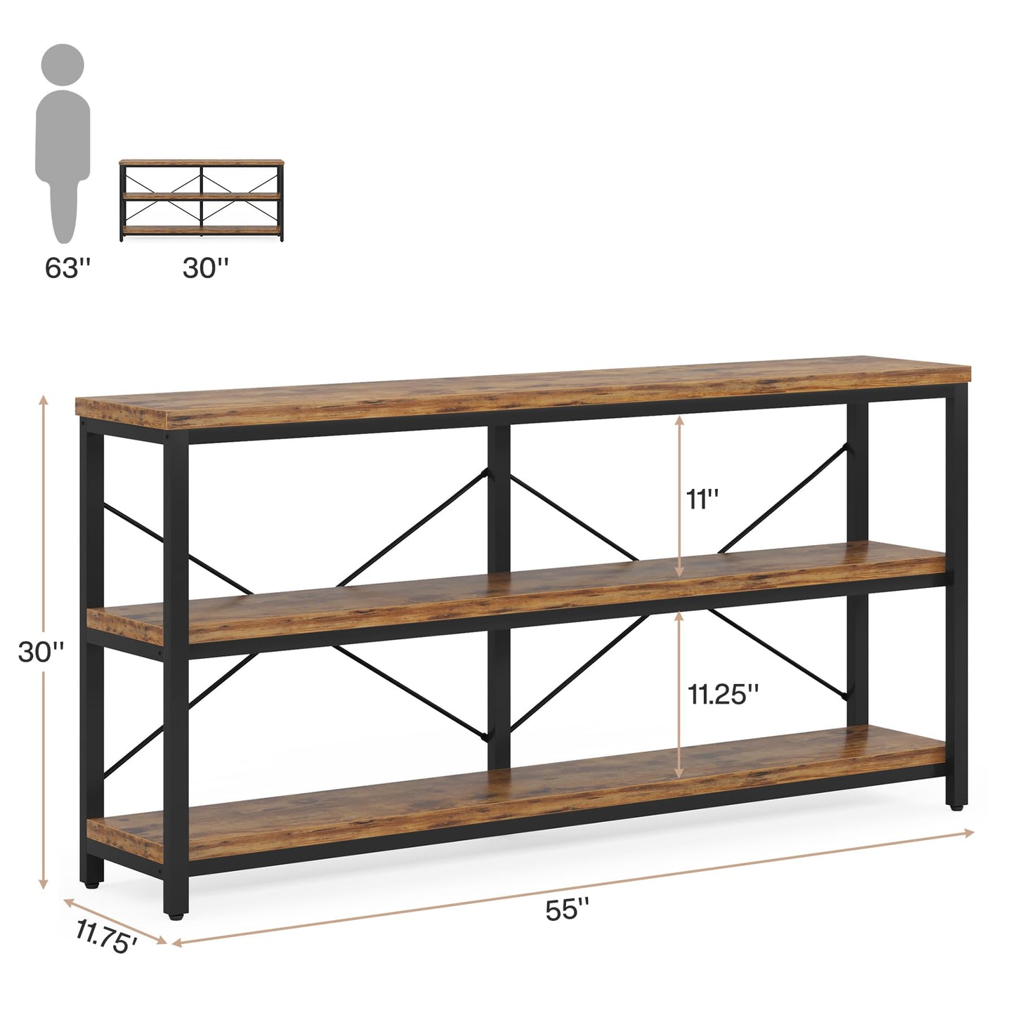 Tribesigns 55-Inch Industrial Sofa Table, 3-Tier Console Table with Metal Frame and Open Shelves, Modern Decorative Shelf, Open TV Shelf for Living Room, Entryway, Hallyway (Brown and Black) - WoodArtSupply