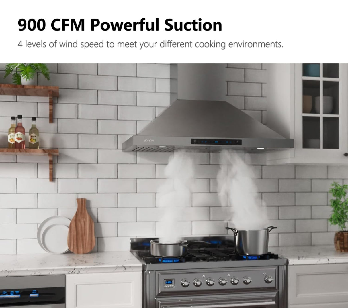 IKTCH 30-inch Wall Mount Range Hood 900 CFM Ducted/Ductless Convertible, Kitchen Chimney Vent Stainless Steel with Gesture Sensing & Touch Control Switch Panel, 2 Pcs Adjustable Lights(IKP02-30'') IKTCH