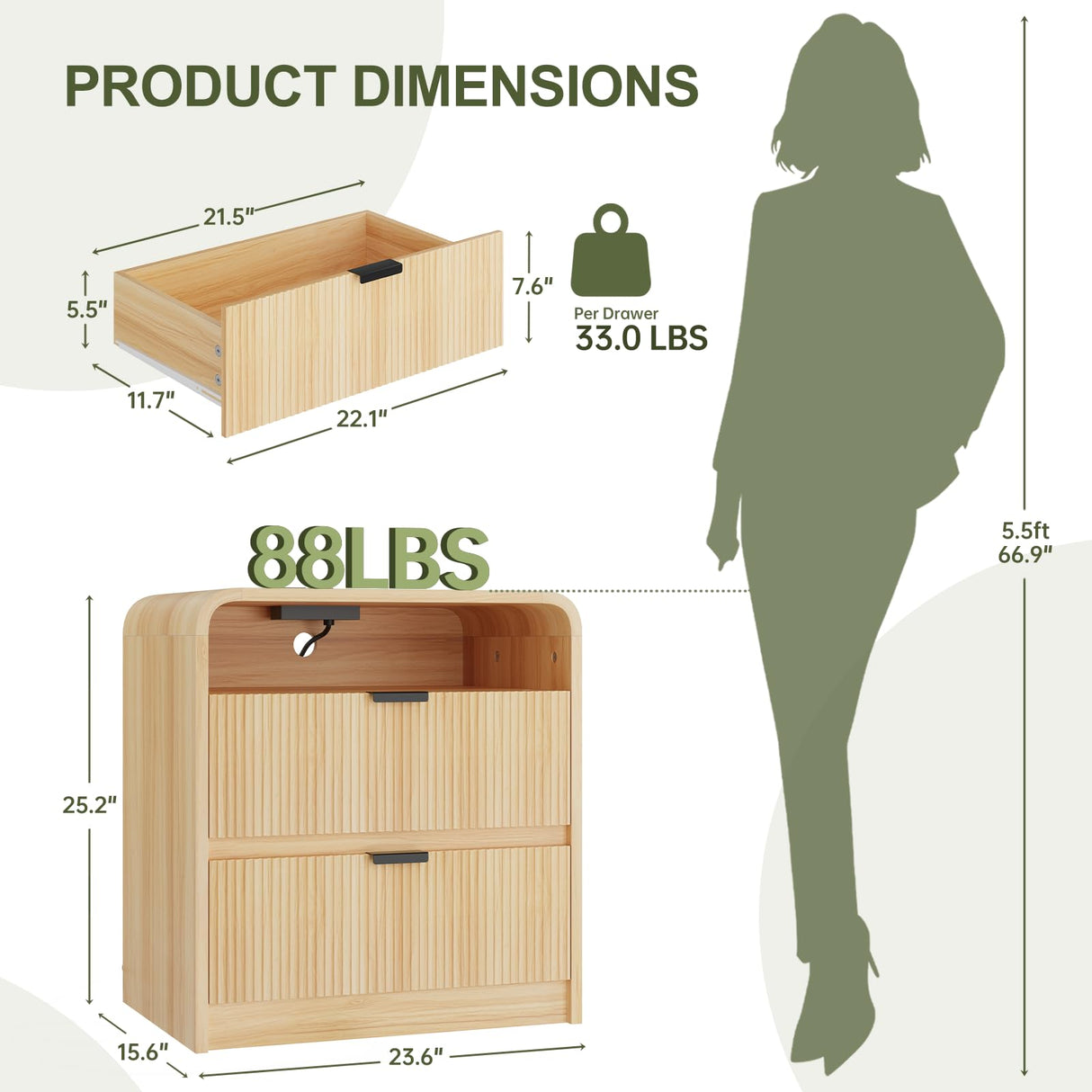 FURSUN 24" Fluted Nightstand with Charging Station, Wooden End Table with 2 Drawers Storage, Curved Profile Design, Modern Bedside Cabinet for Bedroom Living Room, Natural Oak FURSUN