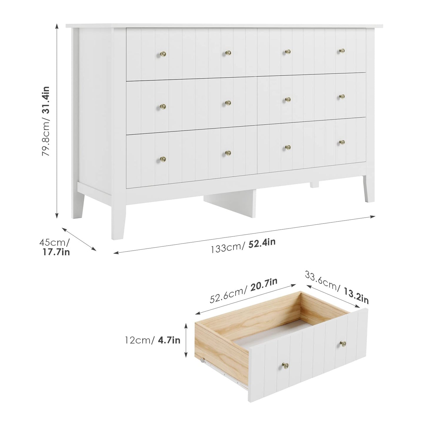 FOTOSOK White Dresser, Chest of Drawers, Modern 6 Drawer Double Dresser with Deep Drawers, Wide Storage Organizer Cabinet for Living Room, Hallway