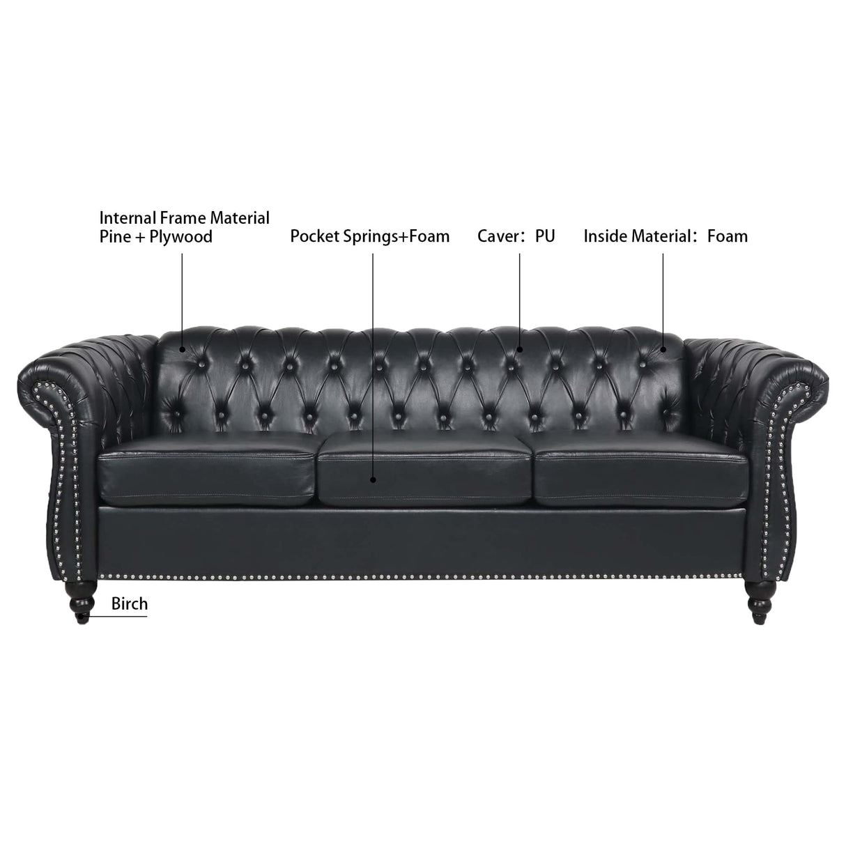 Ball & Cast 84" Chesterfield Leather Sofa with Channel Tufted Seat Back,Classic 3 Seater Couch w/Roll Arm Nailhead Trim and Upholstered,Mid Century Furniture for Living Room,Bedroom,Office,Black PU Ball & Cast