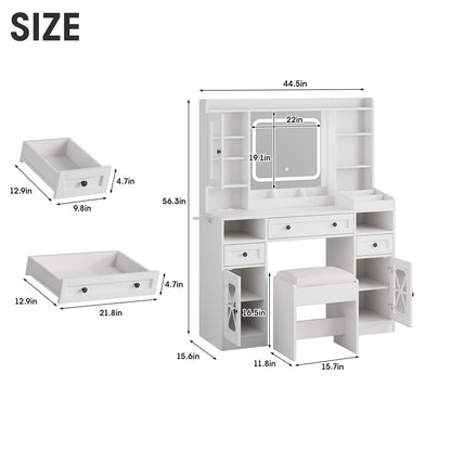 Vanity Desk with Mirror and Lights,Makeup Vanity Table with Cushioned Stool and Charging Station,3 Lighting Modes Adjustable Brightness,Drawers,Power Outlet,Shelves,White