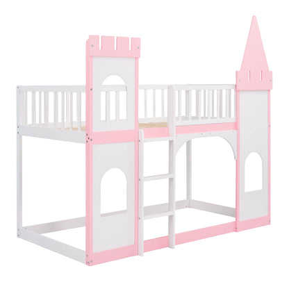 MERITLINE Kids Low Bunk Bed Twin Over Twin, Wooden Castle Shape Loft Bunk Bed Frame for Kids, Toddler Bunk Beds with Safety Rail and Ladder, Floor Bunk Bed for Boys Girls Bedroom Dorm (Pink)