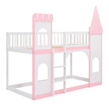 Harper & Bright Designs Low Bunk Bed Twin Over Twin, Wooden Bunk Bed Frame for Kids Girls Boys, Castle Shape Design (Pink) Harper & Bright Designs