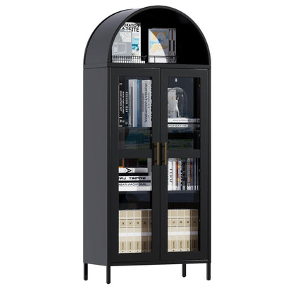 VEXPOR 73 in Tall Metal Arched Cabinet, Kitchen Pantry Cabinet with Glass Door, Modern Farmhouse Display Bookshelf with 2 Adjustable Shelves for Dining Room and Living Room, Black, Assembly Required