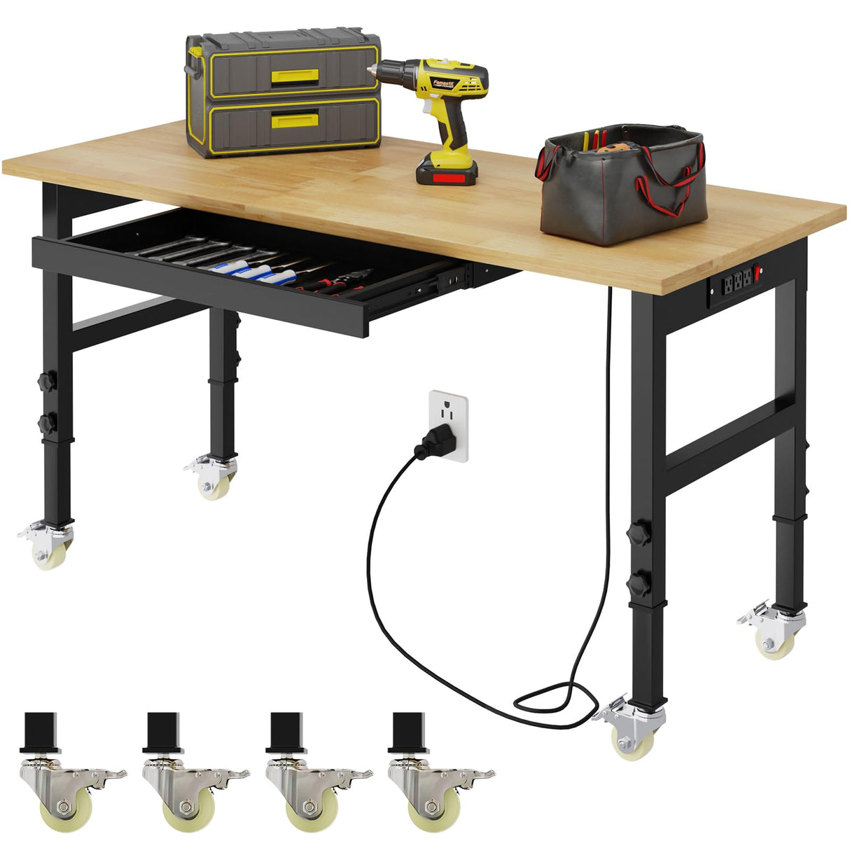 Kieperi 48” Chipboard Work Bench with Drawers, Heavy Duty Adjustable Workbench with Power Outlet and Wheels, 2000 Lbs Capacity Workstation for Garage Kieperi