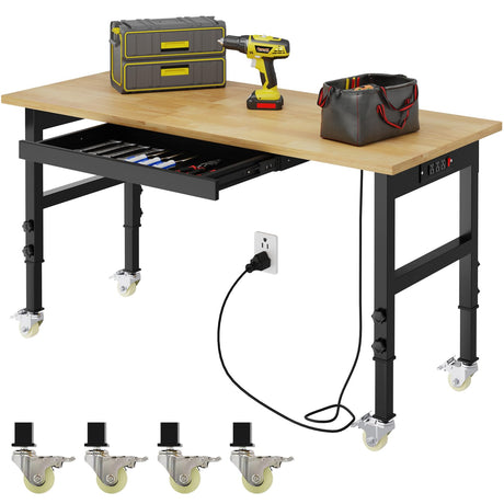 Kieperi 48” Chipboard Work Bench with Drawers, Heavy Duty Adjustable Workbench with Power Outlet and Wheels, 2000 Lbs Capacity Workstation for Garage Kieperi