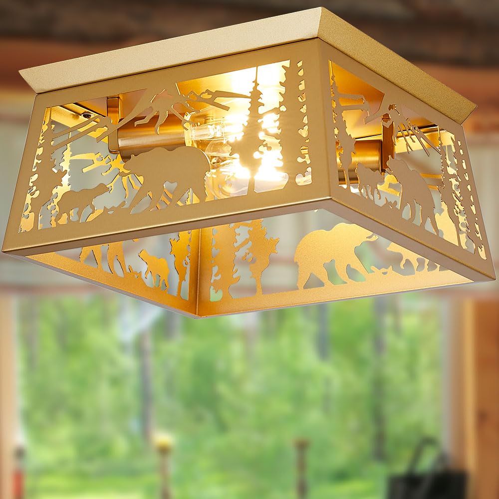 Gold Bear Lamp, Log Cabin Semi Flush Mount Ceiling Light Rustic Modern Farmhouse Golden Bear Light for Bedroom Entryway Living Room Foyer,E26 Base, 12.5" Feohak