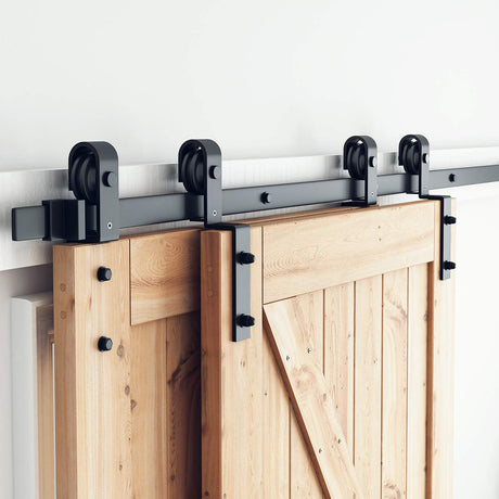 SMARTSTANDARD 6 Feet Bypass Sliding Barn Door Hardware Kit - for Double Wooden Doors-Single Track - Smoothly & Quietly - Easy to Install-Fit 60" Opening SMARTSTANDARD