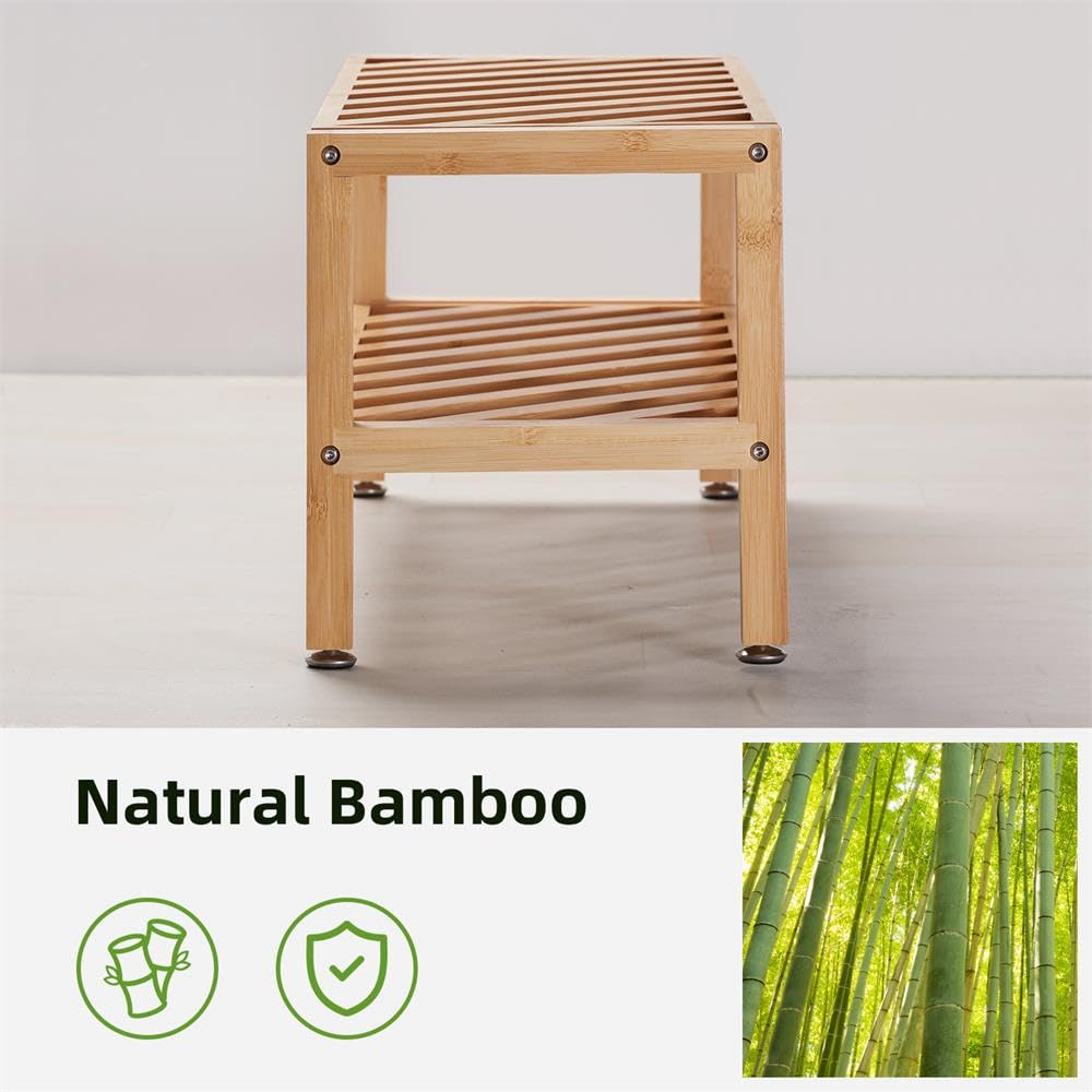 Flyxiregg 2-Tier Bamboo Shoe Rack Bench, Stackable Shoe Storage Bench Organizer Free Standing Shoe Shelf for Entryway and Closet Hallway, Bamboo Rack in Different Combinations, 27.6"x10.3"x11" (Wood) Flyxiregg