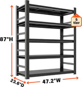Notmise Garage Shelving 5-Tier Heavy Duty Adjustable Metal Storage, 2500Lbs Industrial Shelf Unit Black, Easy to Assemble (87" H x 47.2" W x 23.6" D) Notmise