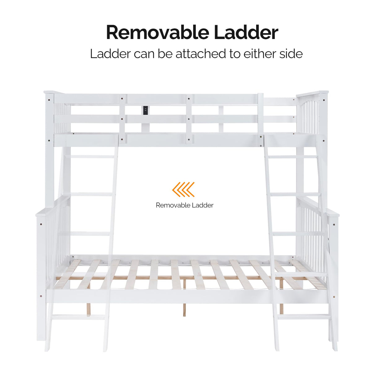 VINGLI Modern White Twin Over Full Bunk Bed with LED Lights and USB Charging Station VINGLI