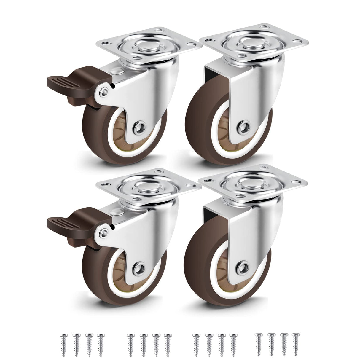 Nefish 2 Inch Swivel Caster Wheels for Furniture Rubber Casters Set of 4 Heavy Duty of 600 Lbs No Noise Locking Plate Castors Safe for Hardwood Floor & Carpet (2 with Brake and 2 Without) Nefish