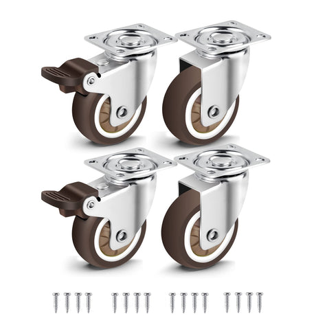 Nefish 2 Inch Swivel Caster Wheels for Furniture Rubber Casters Set of 4 Heavy Duty of 600 Lbs No Noise Locking Plate Castors Safe for Hardwood Floor & Carpet (2 with Brake and 2 Without) Nefish