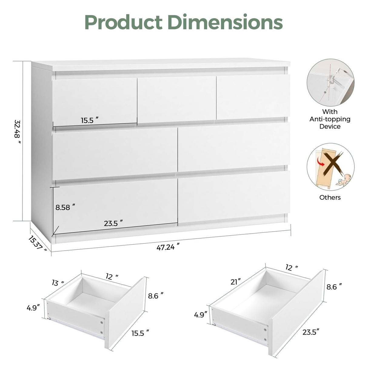 Jocoevol Modern White 7 Drawer Dresser for Bedroom, Simply Chest of Drawers, Wood Storage Dresser with Deep Drawers for Living Room Hallway Entryway, White Jocoevol