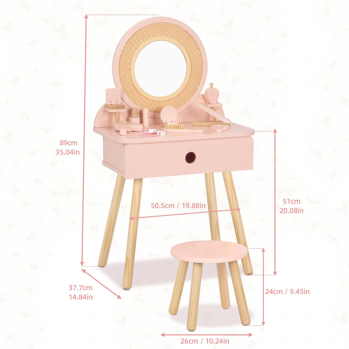 OOOK Kids Vanity Table and Chair Set, Pink Girls Vanity with 11 Pcs Accessories, Enough for Real and Pretend Makeup, Toddler Vanity for 3 Year Old and Up as Ideal Gift OOOK