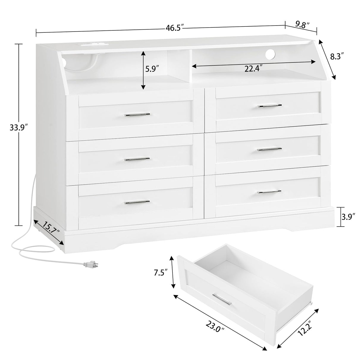 TEENFON 46.5'' Wide White Dresser for Bedroom, 6 Drawer Dresser with Charging Station & LED Lights, Closet Organizer for Bedroom, White TEENFON