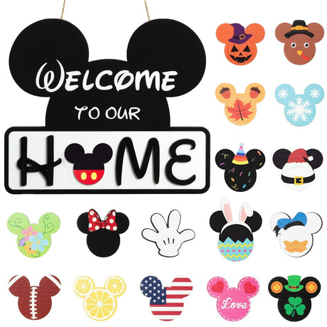FUEMEILY Cute Mouse Interchangeable Seasonal Welcome Door Sign for Front Door Decor, Interchangeable Welcome to Our Home Sign for Farmhouse Wall Porch Decor, Housewarming Gift FUEMEILY