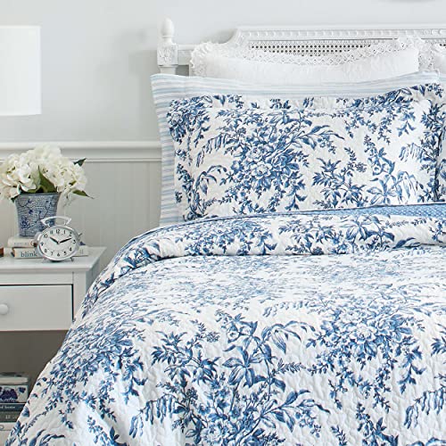 Laura Ashley - Twin Quilt Set, Soft & Reversible Cotton Floral Bedding with a Medium Weight Feel, 2 Piece Bed Set with Matching Pillowcases (Bedford Delft Blue) Laura Ashley