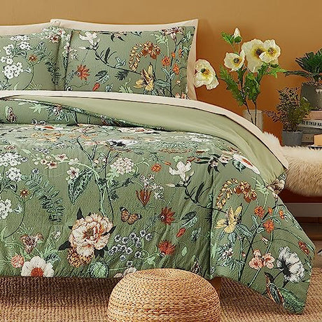 CASAAGUSTO Twin Comforter Set - 5 Pieces Green Floral Bedding Sets, Twin Bed in a Bag with Botanical Butterfly Comforter, Sheets, Pillowcases & Shams for All Seasons CASAAGUSTO