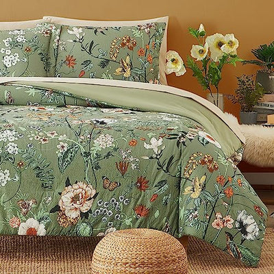 CASAAGUSTO Queen Comforter Set, 7 PCS Green Butterfly Floral Comforter Set with Flowers Leaves Pattern, Soft Seersucker Design All Season Queen Size Bedding Set(90"X90")