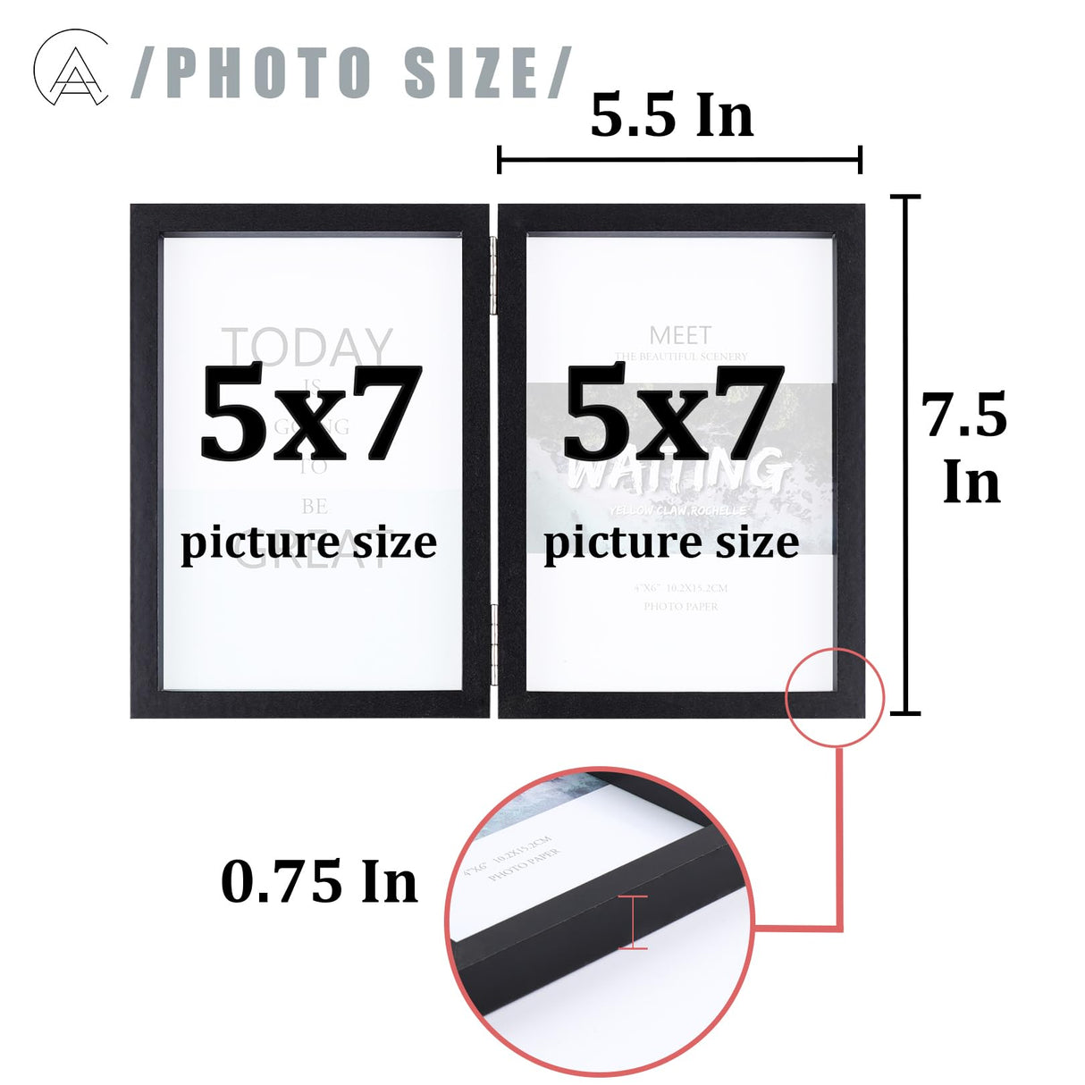 AEVETE 5x7 Picture Frames Double Hinged Wood Folding Photo Frames Vertical with Real Glass Front, Black AEVETE