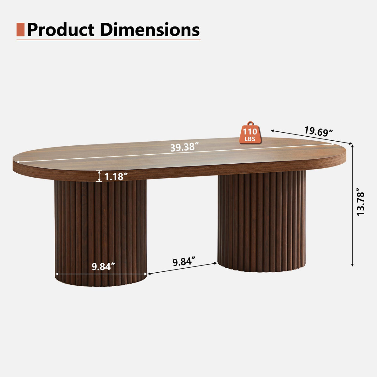 RUSTYER Oval Fluted Coffee Table, Farmhouse Wood Coffee Table Mid Century Modern Center Table Boho Living Room Tables for Living Room Office (Walnut, 19.69" D x 39.38" W x 13.78" H) RUSTYER