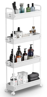 SOLEJAZZ Slim Storage Cart, 4 Tier Bathroom Organizer Mobile Shelving Unit, Rolling Utility Cart Slide Out Organizer for Kitchen, Bathroom, Laundry, Narrow Places, White SOLEJAZZ