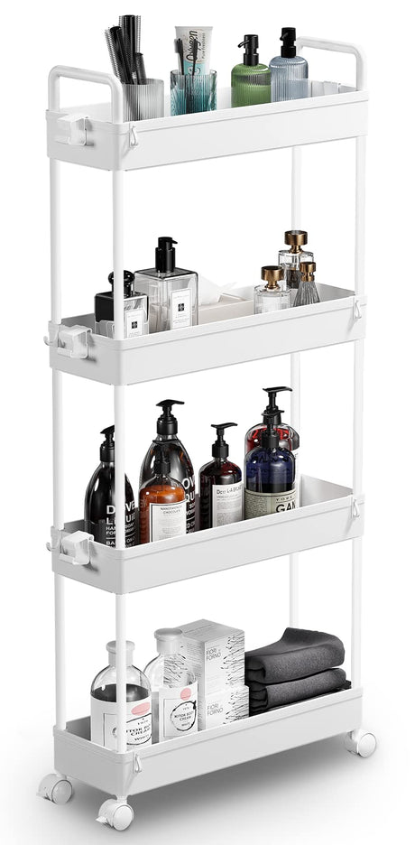 SOLEJAZZ Slim Storage Cart, 4 Tier Bathroom Organizer Mobile Shelving Unit, Rolling Utility Cart Slide Out Organizer for Kitchen, Bathroom, Laundry, Narrow Places, White SOLEJAZZ