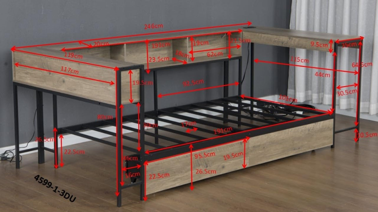 Modern Twin Size Corner Bed Frame with Storage Bookcase and Desk, 2 Underbed Drawers, LED Lights& Charging Station, Reversible Left/Right, Metal Platform Daybed, 96.9"L x 46.9"W x 31.5"H (Grey, Twin) Deolme