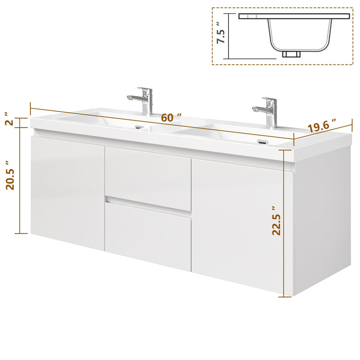 ROOMTEC 60inch Floating Bathroom Vanity with Double Undermount Top Sink Wall Mounted Bathroom Storage Vanity Cabinet of 2 Drawers and Doors ROOMTEC