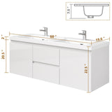 ROOMTEC 60inch Floating Bathroom Vanity with Double Undermount Top Sink Wall Mounted Bathroom Storage Vanity Cabinet of 2 Drawers and Doors ROOMTEC