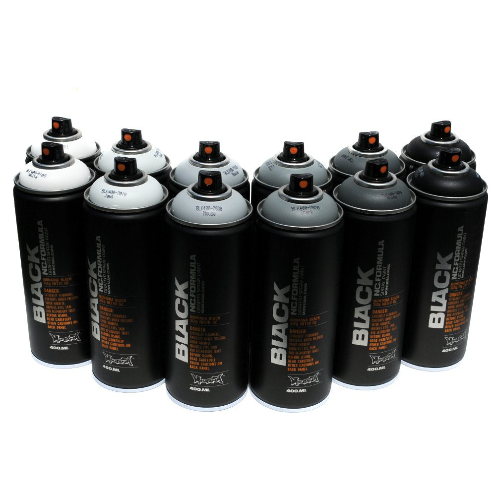 Montana BLACK 400ml Set of 12 Graffiti Street Art Mural Spray Paint (Grey Scale) Montana Black