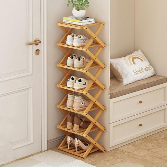 XZXWZX Shoe Rack, Bamboo Foldable Shoes Organizer Free Standing Shelf for Entryway, Closet, Bedroom, Hallway, | Natural | Functional | Multifunctional Shoe Rack (Wood Color) 7 Layers