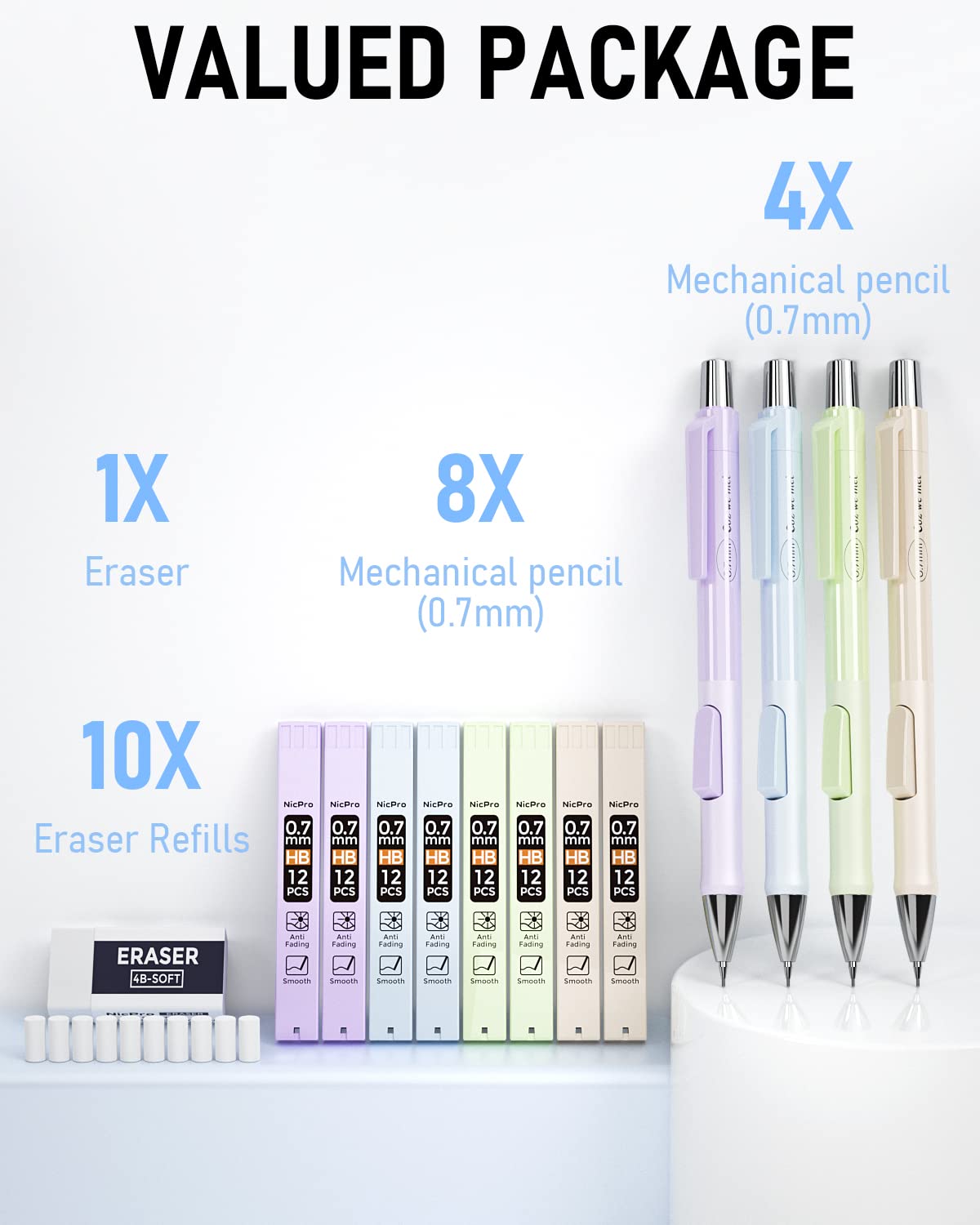 Nicpro 4 PCS Pastel Mechanical Pencil 0.7mm, Cute Fast Click Mechanical Pencils Set with 8 Tubes HB Lead Refills, Erasers, Eraser Refills for School, Student Writing, Drawing, Sketching - with Case Nicpro