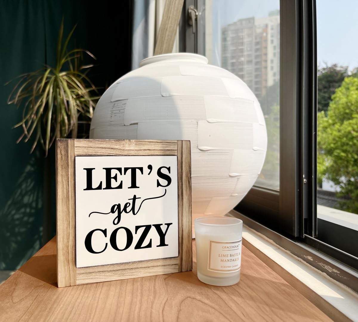 Inspirational Wood Signs, Box Wood Plaques Desk Décor, Farmhouse Home Decor Sign for Shelf, Family Table Decor for Kitchen Bedroom Dining Room, Living Room Decor, Housewarming Gift, Let's Get Cozy XJCUG