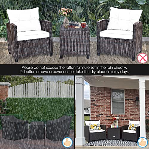 Tangkula 3 Pieces Patio Furniture Set, PE Rattan Wicker 3 Pcs Outdoor Sofa Set w/Washable Cushion and Tempered Glass Tabletop, Conversation Furniture for Garden Poolside Balcony (Blue) Tangkula